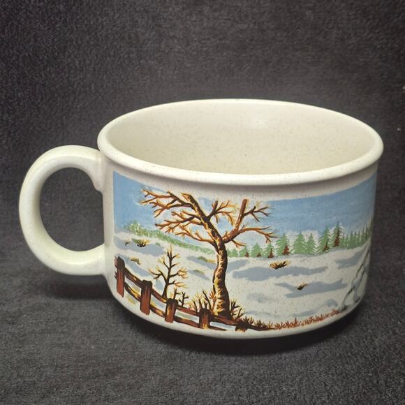 Vintage Sunnycraft Stoneware Collection Winter Snow Cabin Soup Mug Bowls 22203 - Picture 4 of 9